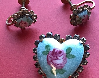 Vintage Guilloche Heart Brooch and Earring Set, Hand Painted Pink Roses, Rhinestone, Enamel