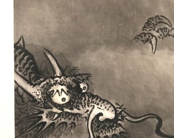 Antique Ink Dragon Scroll Painting: Signed Zhen Hong, 19th Century Silk Art