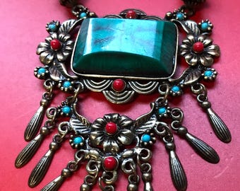 Mala Multi Colored, Necklace, Turquoise Color, Stone, Beaded, Flower Motiff, 14" Long