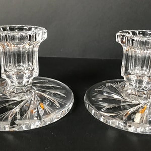 Pair of Small Etched Pinwheel Chaos Crystal Candelabra
