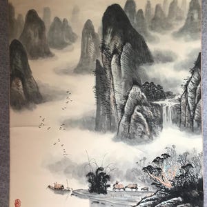 Pintura de pergamino de tela de seda vintage china pintada a mano con acuarela para colgar en la pared, con pájaros, montañas y arroyos