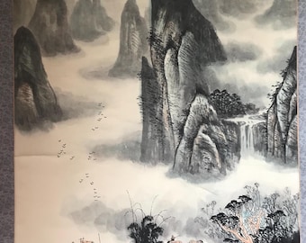 Vintage Chinese Silk Scroll Painting: Birds, Mountains, Streams