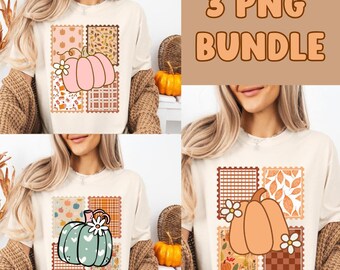 May include: Cream-colored t-shirts with pumpkin-themed designs. Each shirt features a pumpkin graphic within a postage stamp-like frame, with the text "3 PNG BUNDLE" in the upper right corner. The pumpkins are in shades of pink, orange, and teal.