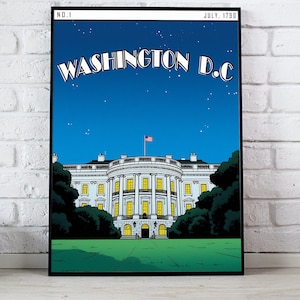 ホワイトハウスのポスター、ホワイトハウスの壁アート、ワシントン D.C. のポスター、コミックブックスタイルのポスター、D.C. の旅行アート、D.C. ホワイトハウスのポスター