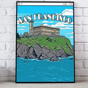 Plakat Alcatraz Island, wydruk San Francisco, sztuka ścienna Alcatraz, plakat San Fran, plakat w stylu komiksowym, sztuka podróżnicza San Francisco