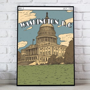 Puede incluir: Una ilustración de estilo vintage del edificio del Capitolio de los Estados Unidos en Washington D.C. El edificio está representado en un color amarillo claro con una cúpula blanca y rodeado de hierba verde y árboles. El texto "WASHINGTON D.C." está escrito en una fuente en negrita y estilizada sobre el edificio. El texto "NO. 2" y "JULY, 1790" está escrito en las esquinas superiores de la imagen.