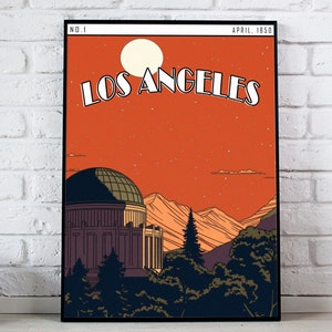 Los Angeles Comic Style Wall Art, Griffith Observatory Poster, LA poster, Griffith Observatory Travel Print, LA Landmark Art