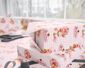 Strawberry Shortcake Wrapping Paper | Pink Gingham Gift Wrap | Vintage-Inspired Birthday Paper | 2000s Nostalgia | Retro Girl Party Supplies