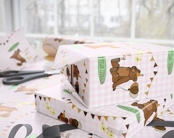 Pink Gingham Little Bear Birthday Wrapping Paper | Teddy Bear Party