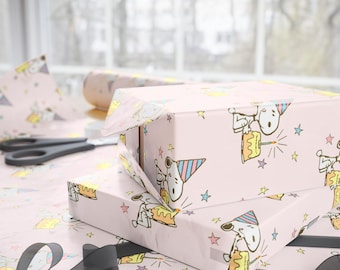 Snoopy Geschenkpapier | Rosa Erdnüsse Geschenkverpackung | Niedliche Kuchen & Kerzen Design | Nostalgische Cartoon Party Dekoration | Charlie Brown Thema
