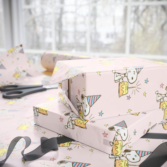 Snoopy Birthday Wrapping Paper | Pink Peanuts Gift Wrap | Cute Cake & Candles Design | Nostalgic Cartoon Party Decor | Charlie Brown Theme