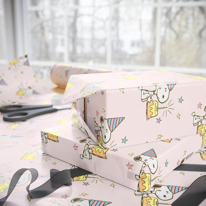 Snoopy Birthday Wrapping Paper | Pink Peanuts Gift Wrap | Cute Cake & Candles Design | Nostalgic Cartoon Party Decor | Charlie Brown Theme image 1