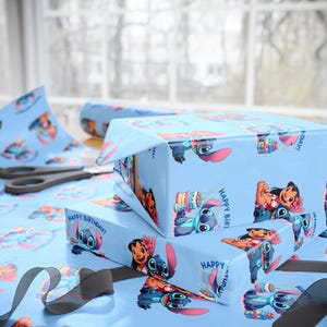 Lilo & Stitch Birthday Wrapping Paper | Blue Disney Gift Wrap | Happy Birthday Stitch Paper | Tropical Party Supplies | Cute Cartoon Wrap