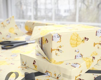 Belle Wrapping Paper | Beauty and the Beast Gift Wrap with Teacup & Candle | Yellow Princess Birthday Paper | Enchanted Rose Party Decor