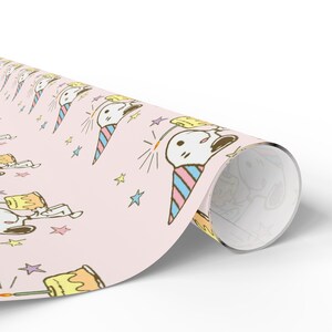 Snoopy Birthday Wrapping Paper | Pink Peanuts Gift Wrap | Cute Cake & Candles Design | Nostalgic Cartoon Party Decor | Charlie Brown Theme image 3