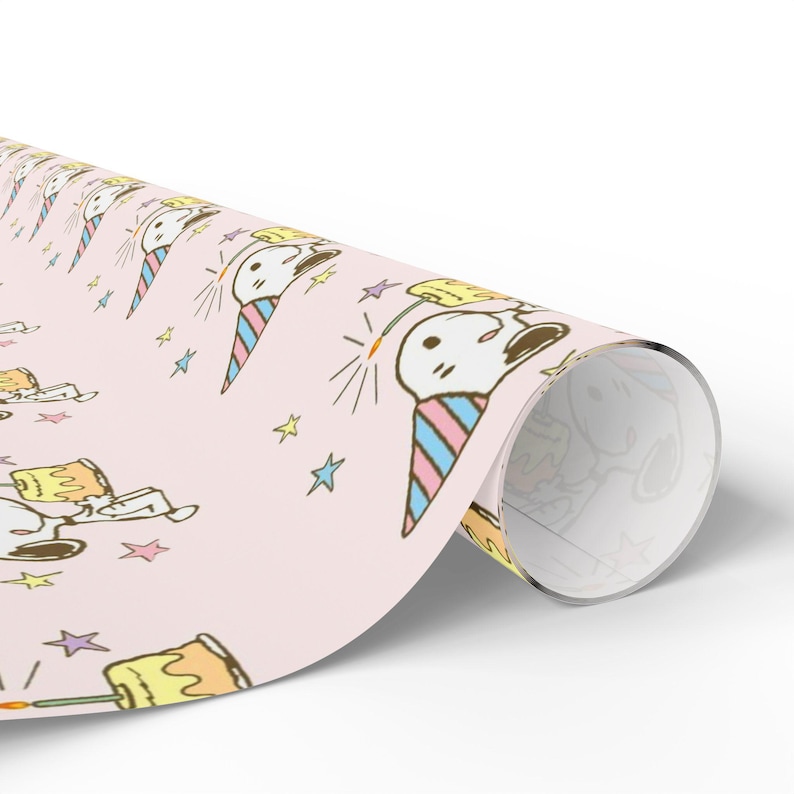 Snoopy Birthday Wrapping Paper | Pink Peanuts Gift Wrap | Cute Cake & Candles Design | Nostalgic Cartoon Party Decor | Charlie Brown Theme image 3