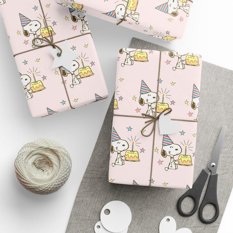 Snoopy Birthday Wrapping Paper | Pink Peanuts Gift Wrap | Cute Cake & Candles Design | Nostalgic Cartoon Party Decor | Charlie Brown Theme image 2
