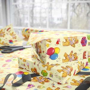 Vintage Teddy Bear Birthday Wrapping Paper | Soft Neutral Bear Party Gift Wrap | Classic 90s Style | Cute Brown Bear Paper for Birthdays