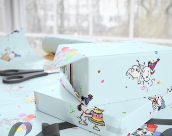 Snoopy Geschenkpapier | Pastell Blau Peanuts Geschenkpapier | Konfetti Party Thema | Niedliche Snoopy Posen | Cartoon Hund Geburtstags-Dekor