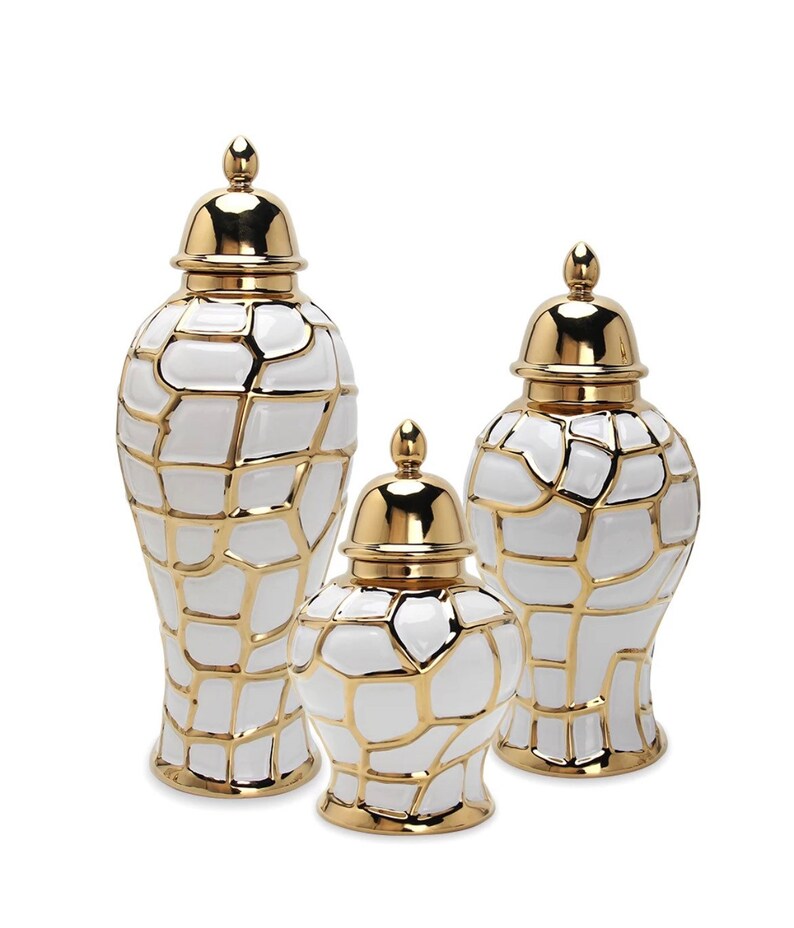 White and Gold Ginger Jar Set Homedecor Ceramic. Etsy