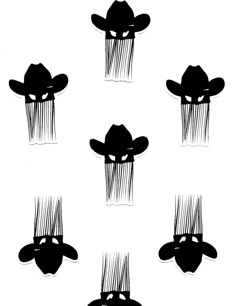 K&ouml;nnte beinhalten: Ein sich wiederholendes Muster aus schwarzen und wei&szlig;en Cowboyh&uuml;ten mit einem gestreiften Bart. Die H&uuml;te sind in einem einfachen, cartoonartigen Stil gezeichnet.