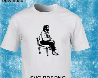 May include: Black and white illustration of a person sitting on a chair. The person is wearing a hat and a scarf. The image is on a white t-shirt.