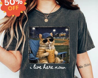 Cat Baseball Mama Shirt: "I Live Here Now" Graphic Tee