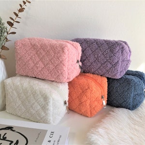 Soft Fluffy Terry Cosmetic Bag, Sherpa Quilted Makeup Bag, Soft & Lightweight Cosmetic Pouch, Toiletry Travel Pouch, Gift for Her