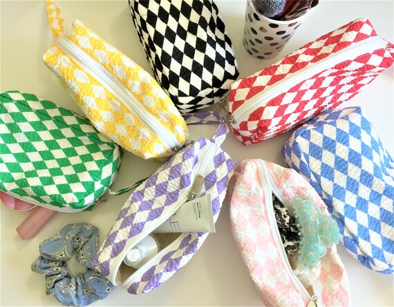 Makeup Bag for Women, Checkered Cosmetic Case, Travel Cosmetic