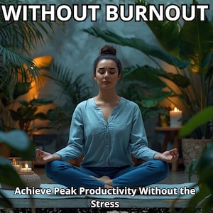 Op de afbeelding: Een persoon in blauwe kleding mediteert met gesloten ogen. De afbeelding bevat de tekst "FOCUS BOOSTING WITHOUT BURNOUT" en "Achieve Peak Productivity Without the Stress" door Theo Mitchell. Kaarsen en planten zijn op de achtergrond.
