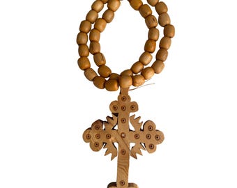 Handmade Wood Prayer Rope: Ethiopian Cross Car Mirror Hanger