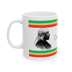 Ethiopian Coffee Mug with Emperor Menelik&#39;s Name & Image - Custom Amharic Art, Ethiopian Flag, Heritage Gift for Coffee Lovers, Habesha Gift