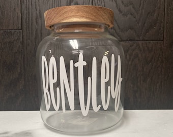 Dog Treat Jar, dog food container, personalized pet treat jar, glass jar with acacia lid, pet treat jar
