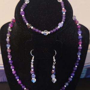 Purple amethyst and dragon vein agate necklace bracelet and earring set