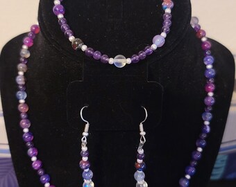 Purple amethyst and dragon vein agate necklace bracelet and earring set