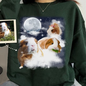 Cute Guinea Pig With Moon Custom Your Own Photo Unisex T-shirt, Personalized Pet Space Watercolor Portrait Tee, Funny Guinea Pig Lover