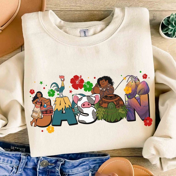 Custom Name Moana T-shirt, Personalized Disney Hei Hei Pua Maui Tamatoa Matching Tee, Kids Toddler Disneyland Vacation Holiday Family Gift