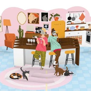 May include: A pop-up paper illustration depicting a kitchen scene with two figures wearing face masks, sitting at a wooden counter. The scene includes a yellow refrigerator, a stove, various wall art, a floor lamp, and four cats on a light blue floor.