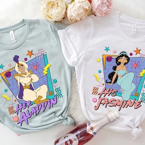 Retro 90s Disney Couples His Jasmine and Her Aladdin T-shirt, Hercules Squad Valentines Day Matching Tee, Disneyland Vacation WDW Trip Gift