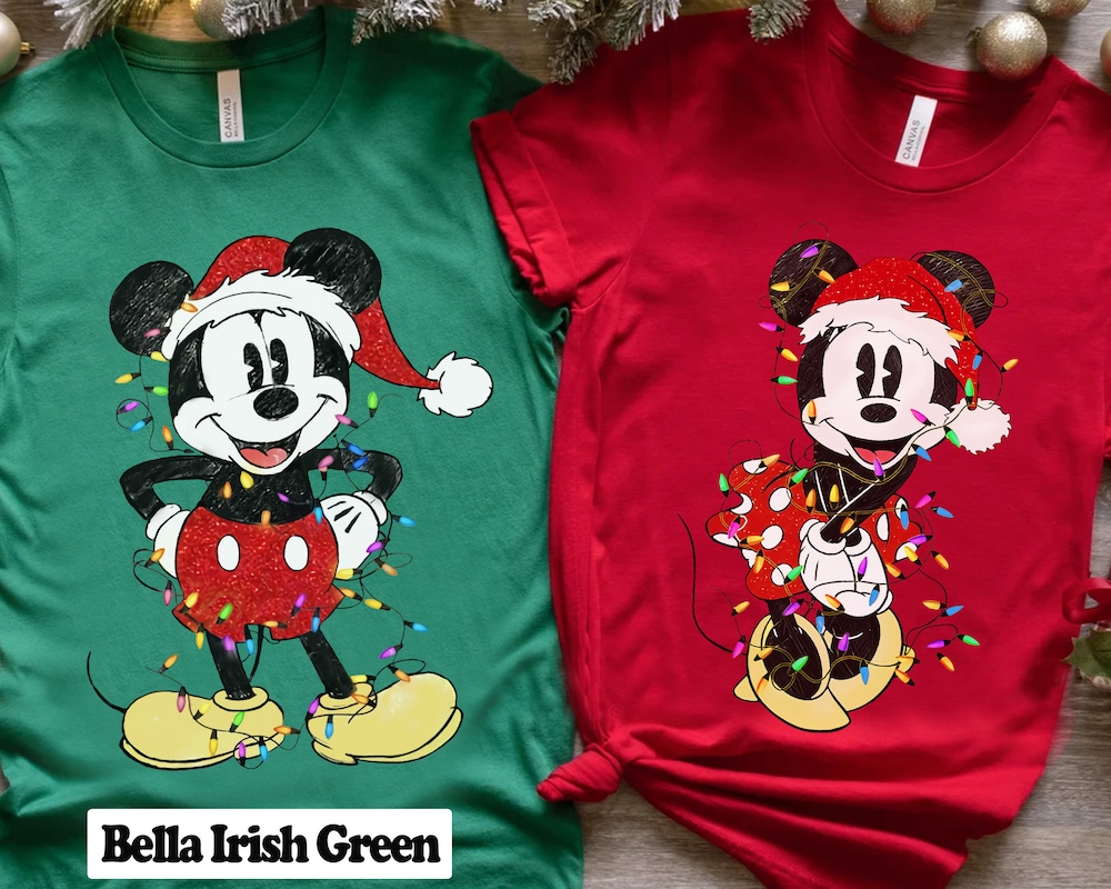 Kids Youth Toddler Disney Couples Mickey And Minnie Mouse Christmas Lights T-Shirt, Mickey'S Very Merry Xmas Party Sweatshirt, Disneyland Vacation Holiday Gift Mickey Christmas Tee