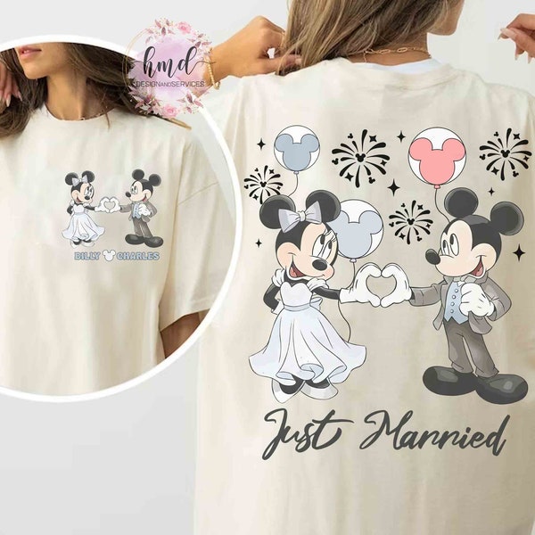 Personalized Just Married T-shirt, Disney Couple Mickey and Minnie Matching Tee, Custom Disney Honeymoon Shirts, Wedding Party Gift Ideas