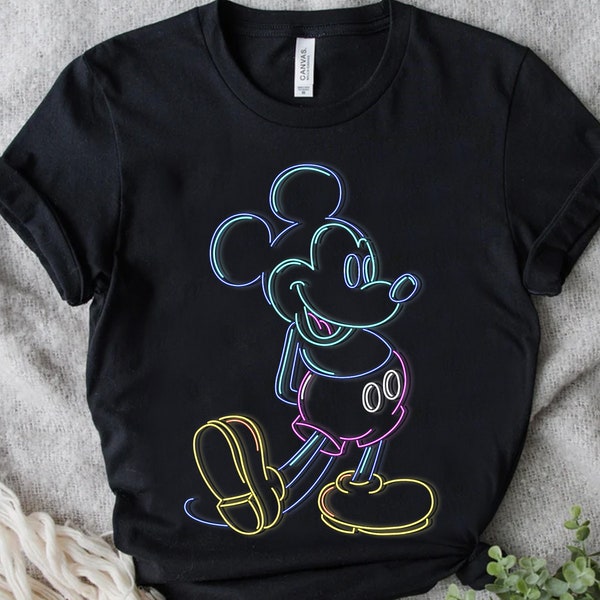 Disney Mickey And Friends Mickey Mouse Pose Classic Neon Line Portrait Shirt, Unisex T-shirt Family Birthday Gift Adult Kid Toddler Tee