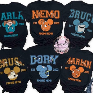 Vintage Finding Nemo Characters Group Custom T-Shirt, Disney Marlin Dory Darla Bruce Matching Tee, WDW Disneyland Family Vacation Trip Gift