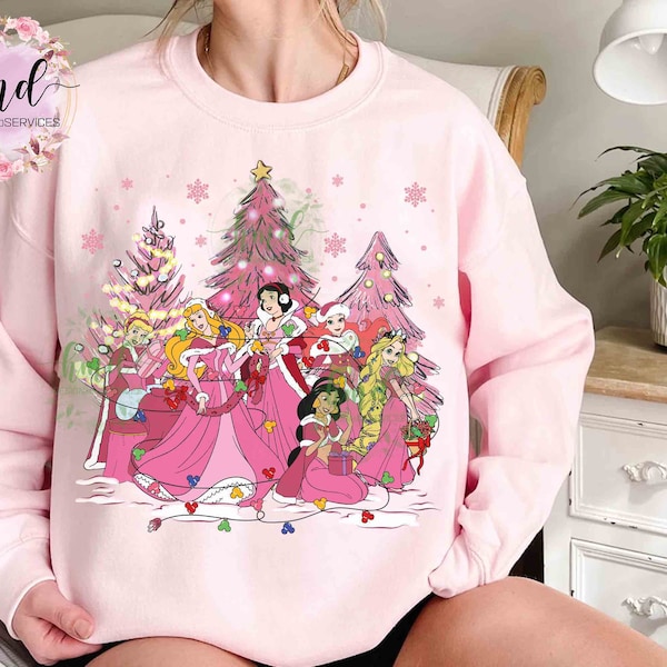 Cute Disney Princess Characters Group Pink Christmas Light T-shirt, Mickey's Very Merry Xmas Matching Tee, Disneyland Holiday Family Gift