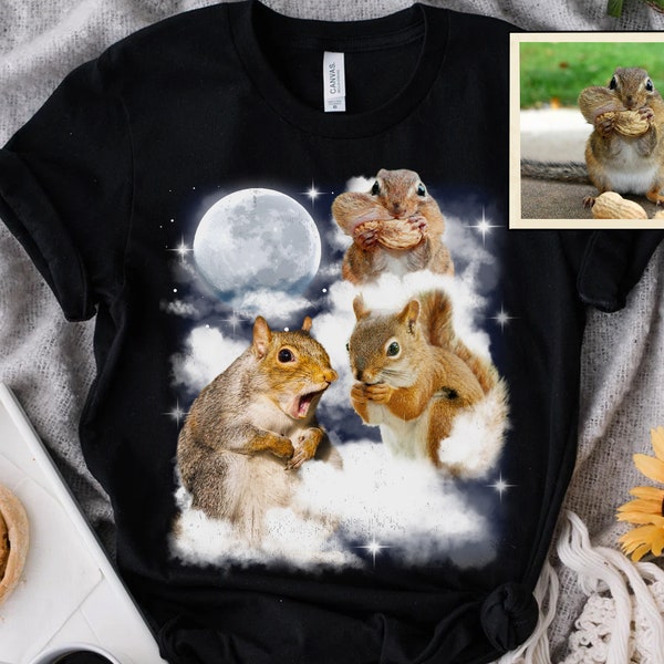 Cute Squirrel With Moon Custom Your Own Photo Unisex T-shirt, Personalized Pet Space Watercolor Portrait Tee, Funny Squirrel Lover Shirt