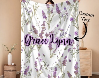 Custom Lavender Wildflower Name Blanket, Watercolor Art Floral Personalized Throw Decor Gift #330