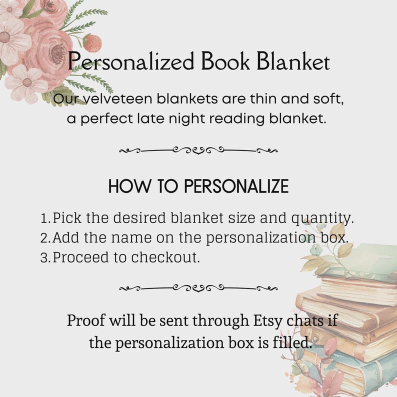 Puede incluir: Imagen de una manta de libro personalizada con instrucciones sobre c&oacute;mo personalizarla. El texto dice: "Nuestras mantas de terciopelo son finas y suaves, una manta de lectura perfecta para la noche". Las instrucciones incluyen elegir el tama&ntilde;o de la manta, agregar un nombre y proceder al pago.