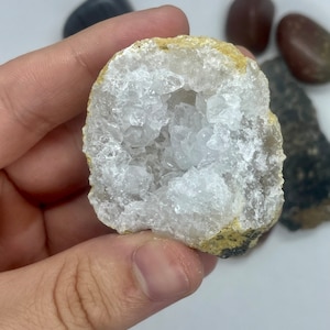 Peut inclure: Une géode de quartz blanc avec un centre creux tapissé de petits cristaux clairs. La géode est entourée d'une couche de roche brune et beige.