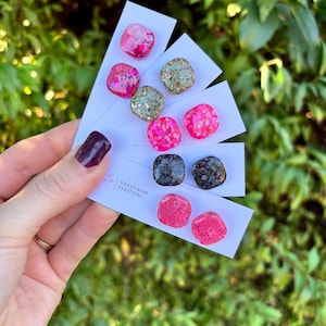 Square Glitter Studs  | RESIN EARRING | Handmade Statement Stud Earrings