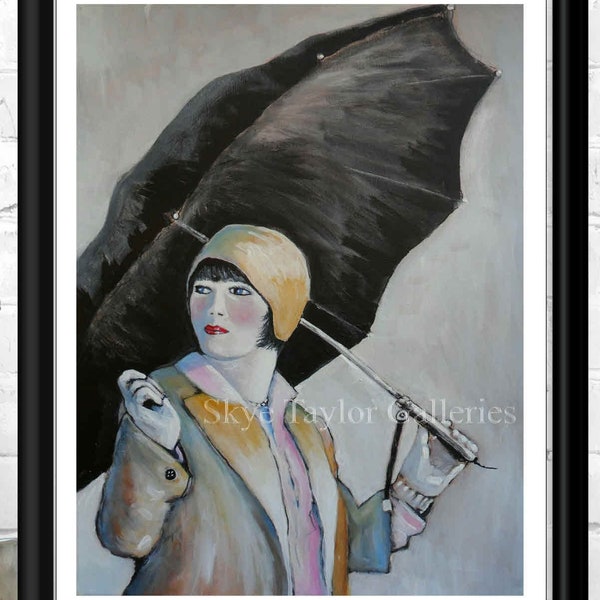 A Umbrella Rain Wall Art -Vintage Style art -Girl in Rain- Lady with hat - Printable Download - Apartment Decor Retro Art -Prints  Skye Baby